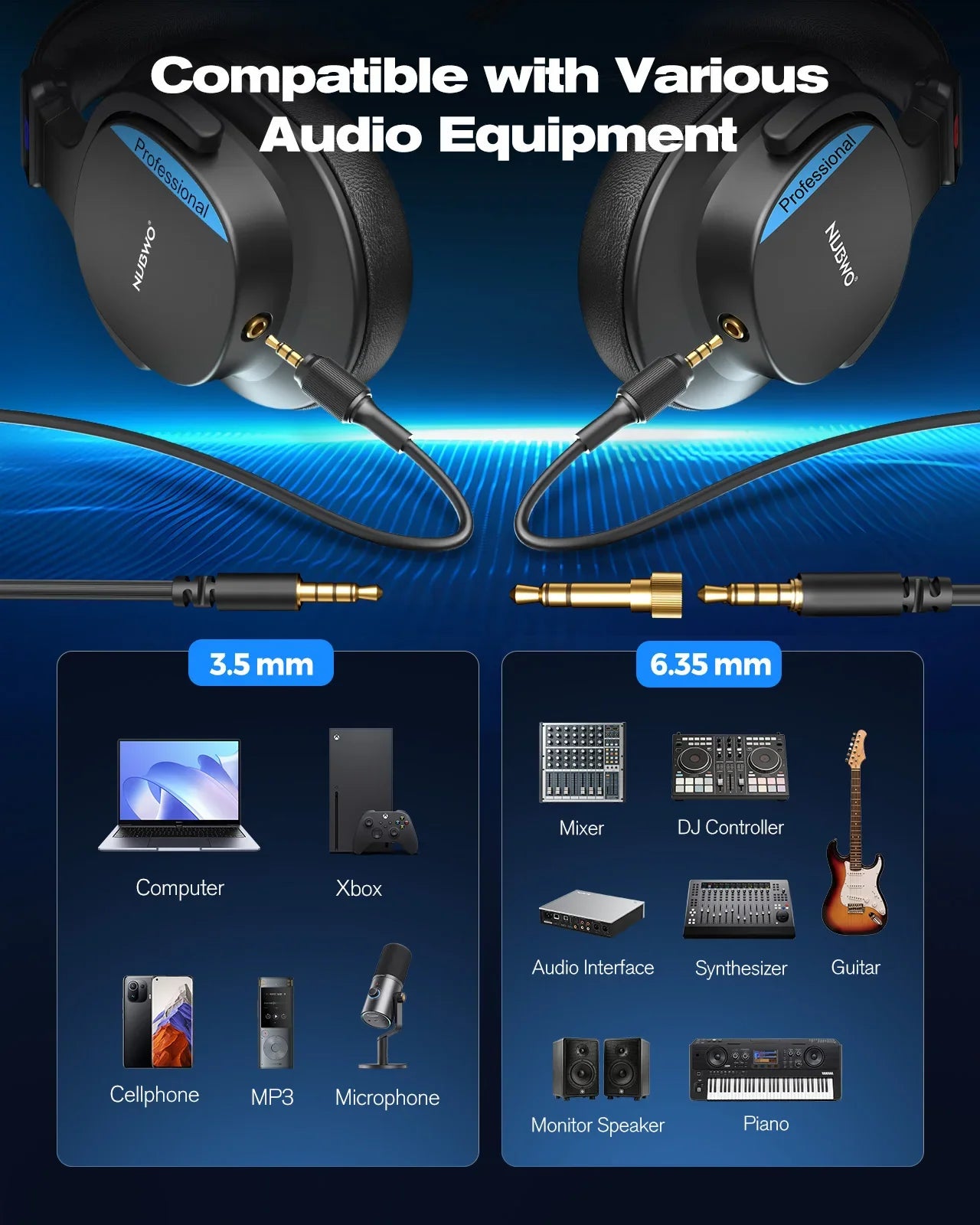 Black nubwo hd01 professional closed-back over-ear headphones with gold-plated jacks for audio mixing recording