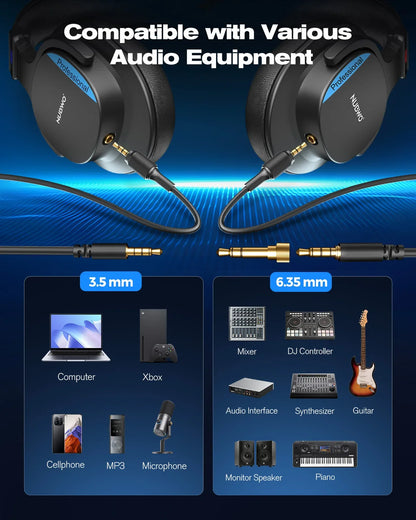 Black nubwo hd01 professional closed-back over-ear headphones with gold-plated jacks for audio mixing recording