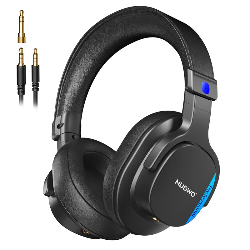 Black nubwo hd01 professional studio monitor headphones with blue accent lighting and gold-plated 3.5mm jack for audio mixing recording