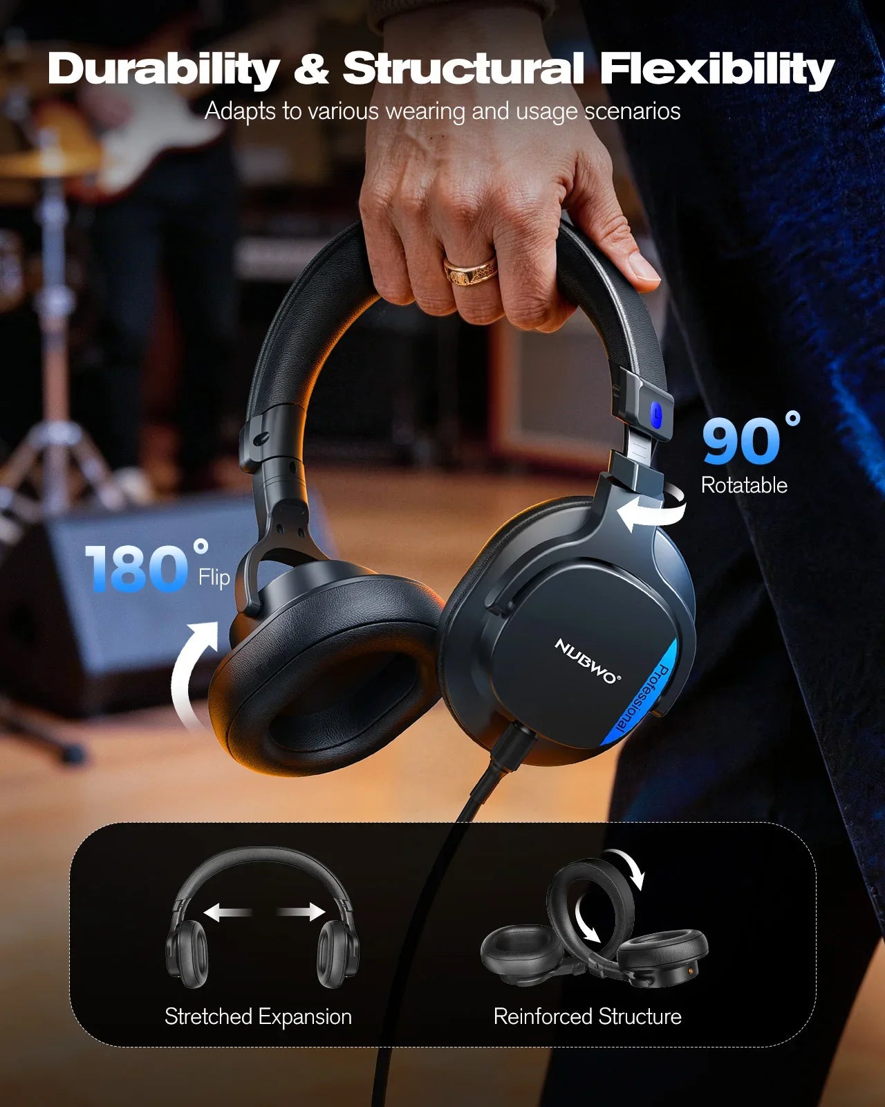 Black nubwo hd01 professional over-ear headphones with sleek durable design and blue accent lighting for audio mixing recording