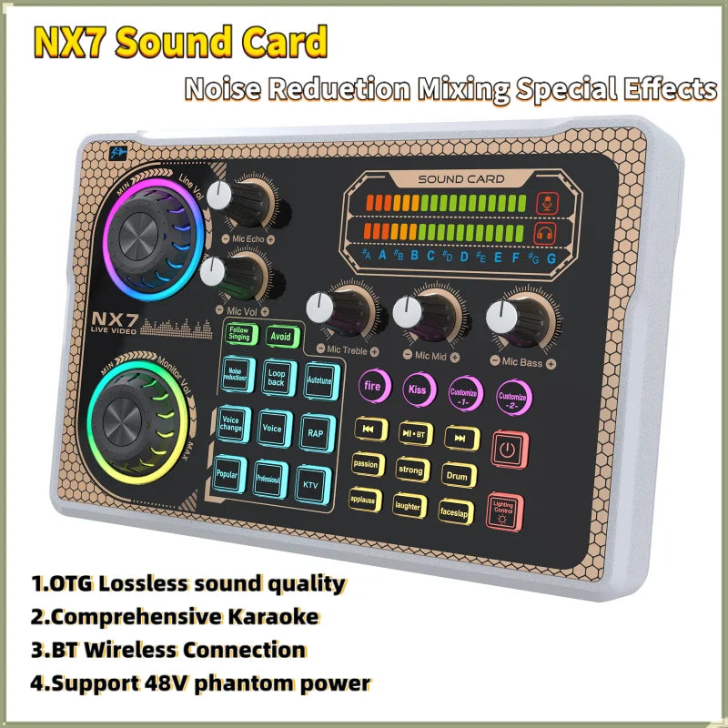 Black nx7 sound card bluetooth audio mixer with colorful illuminated knobs and honeycomb beige border for smartphone vlog recording
