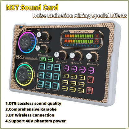 Black nx7 sound card bluetooth audio mixer with colorful illuminated knobs and honeycomb beige border for smartphone vlog recording