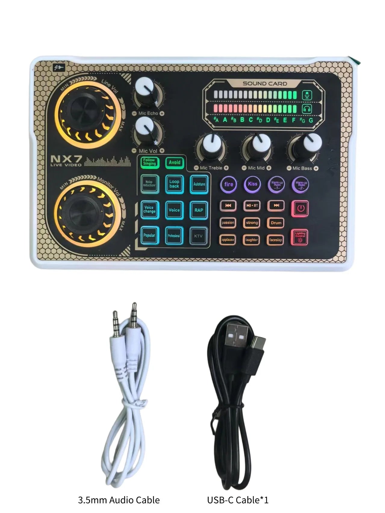 Black and gold nx7 sound card bluetooth audio mixer with honeycomb pattern dual knobs led display for smartphone vlog recording