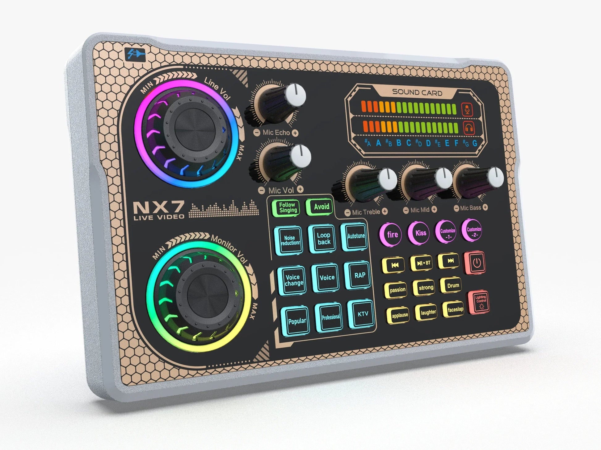 Black and gray nx7 sound card bluetooth audio mixer with colorful led-lit knobs and honeycomb border for smartphone vlog recording