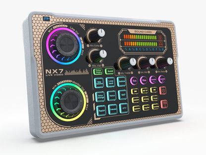 Black and gray nx7 sound card bluetooth audio mixer with colorful led-lit knobs and honeycomb border for smartphone vlog recording