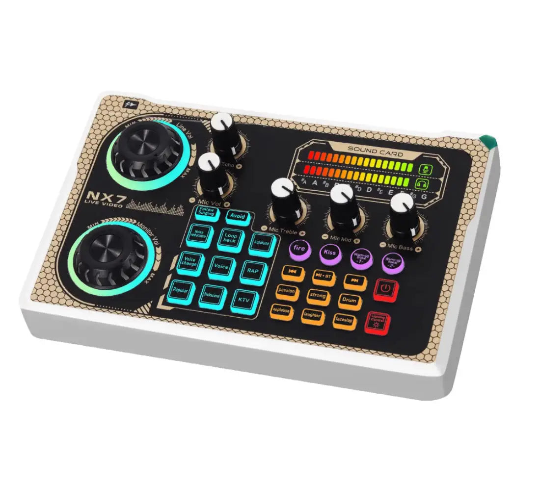Black and white nx7 sound card bluetooth audio mixer with colorful illuminated knobs for smartphone vlog recording and streaming