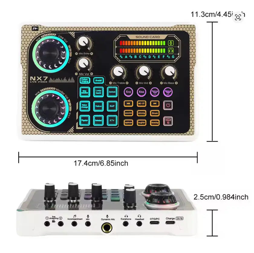 Black and white nx7 sound card bluetooth audio mixer with colorful illuminated knobs for smartphone vlog recording and live streaming