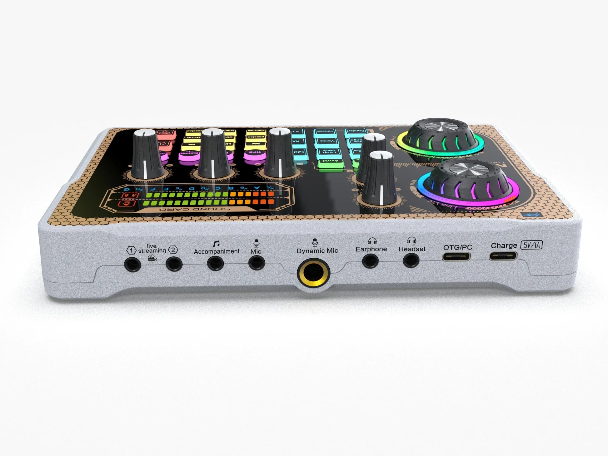White rectangular nx7 sound card bluetooth audio mixer with black panel and rgb knobs for smartphone vlog recording