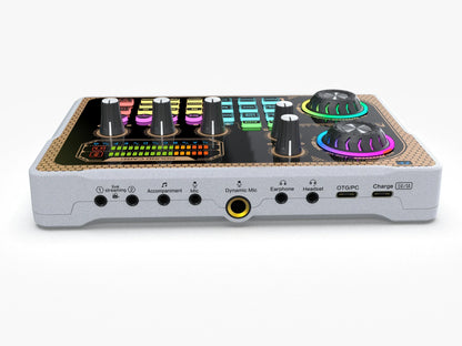 White rectangular nx7 sound card bluetooth audio mixer with black panel and rgb knobs for smartphone vlog recording