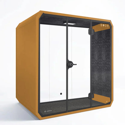 A modern mustard yellow office pod soundproof with transparent glass doors and black frames for meeting living pods