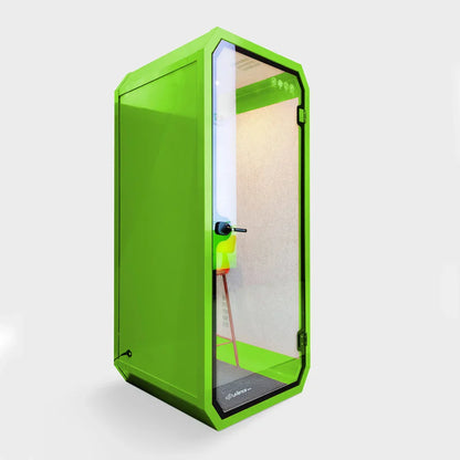 Vibrant lime green office pod soundproof with transparent glass door and sleek modern design for outdoor meetings