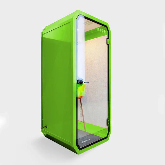 Vibrant lime green office pod soundproof with transparent glass door and sleek modern design for outdoor meetings