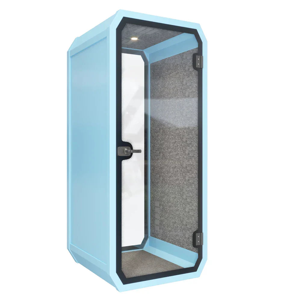 Light blue office pod soundproof with transparent glass doors and gray textured interior walls for outdoor meetings