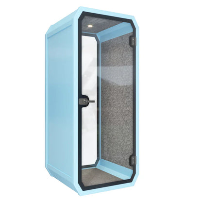 Light blue office pod soundproof with transparent glass doors and gray textured interior walls for outdoor meetings