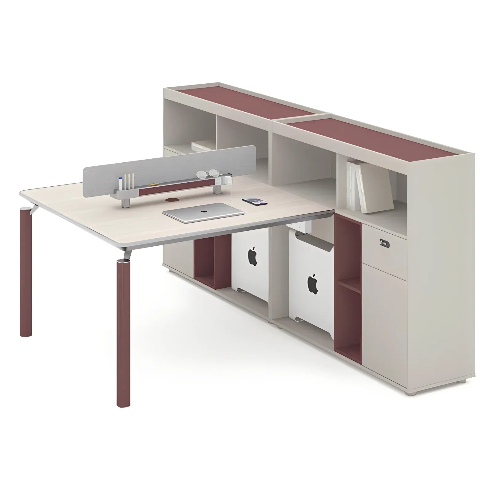 Modern office workstation with beige and burgundy color scheme, sleek metal legs, and integrated storage cabinets for executive use