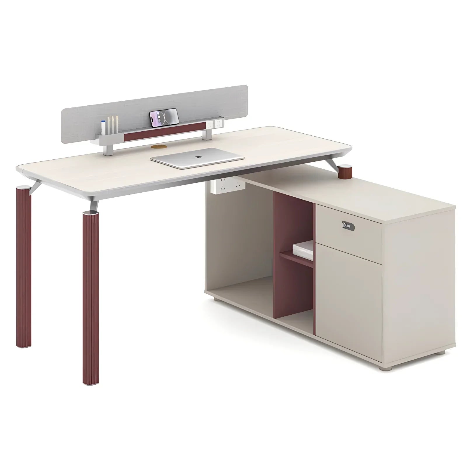 Modern office workstation desk with beige tabletop, maroon striped legs, integrated power outlets, and gray screen divider
