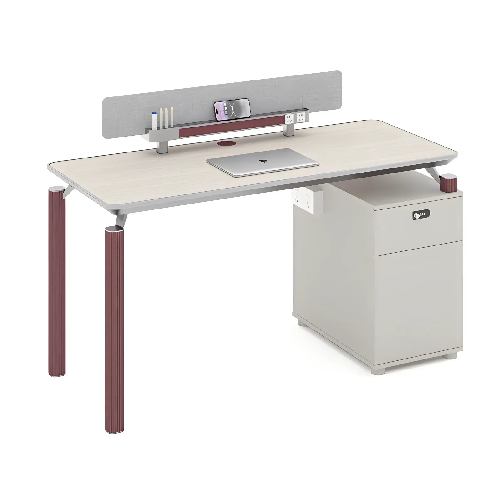 Modern executive office workstation with beige top maroon textured legs and integrated storage cabinet in neutral tones