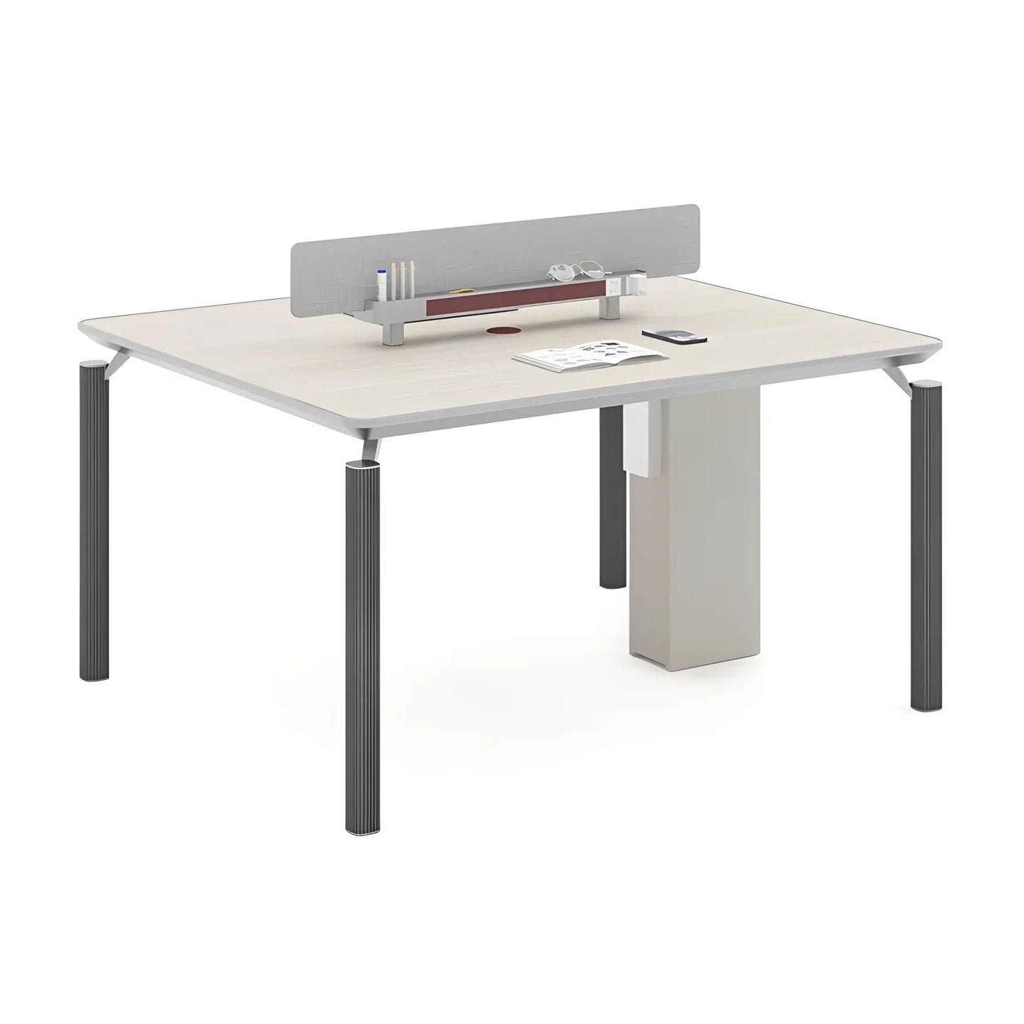 Modern gray office desk with ribbed metal legs and built-in partition with storage for executive office workstation