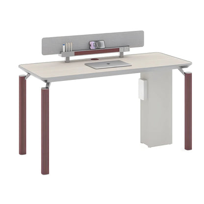 Modern office workstation desk with light beige top, dark reddish-brown ribbed legs, gray storage back panel for executive use