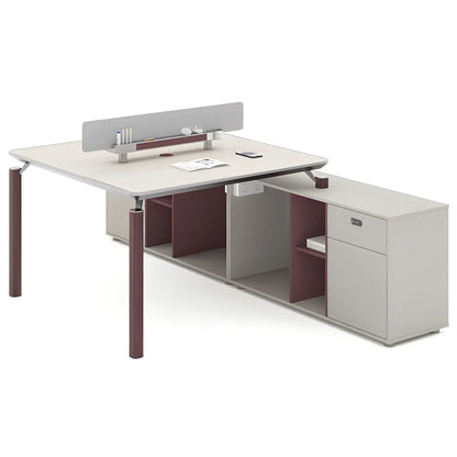 Modern executive office workstation desk with light gray surface dark brown ribbed legs and integrated storage cabinets