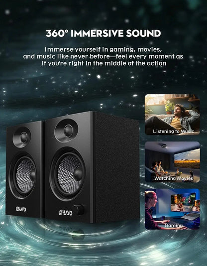 Black ohayo 60w computer speakers with active bluetooth 5.3, premium mdf wooden textured fabric grilles and circular drivers