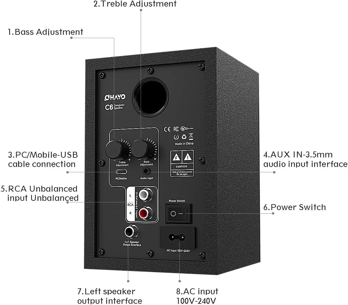 Black textured ohayo 60w computer speaker with active bluetooth, premium mdf wooden build, multiple inputs, and bass treble controls
