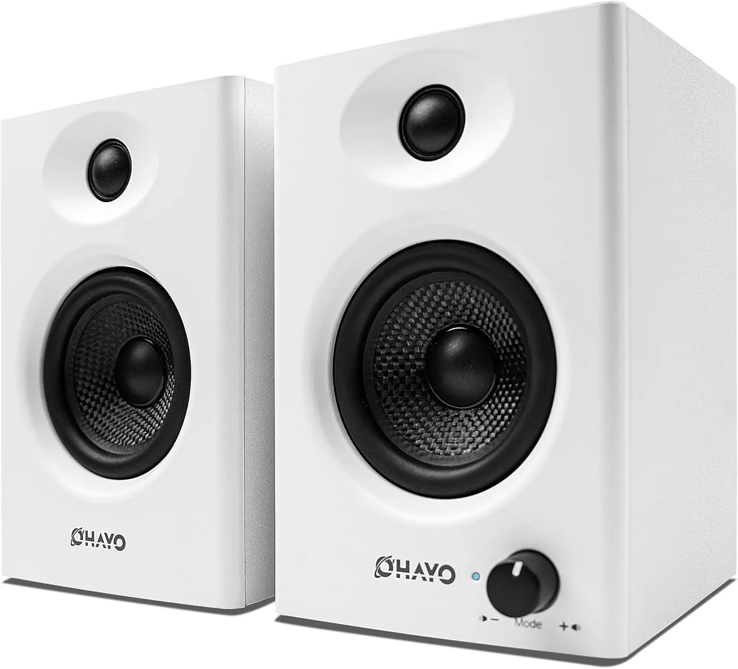 White ohayo 60w computer speakers with black drivers control knob active bluetooth mdf wooden stereo 2.0 for desktop