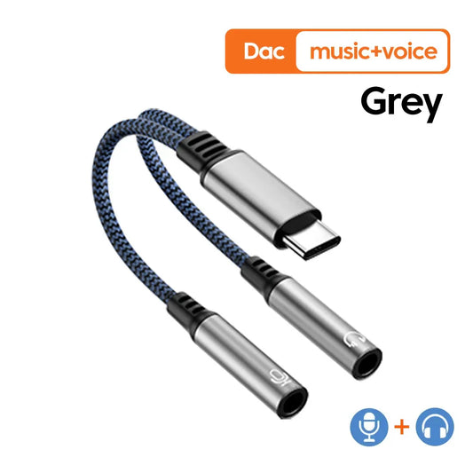 Grey olaf usb c audio adapter with braided cable and metallic connectors for samsung converter and jack microphone listening