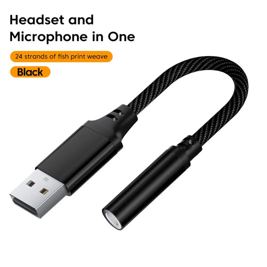 Black usb headset microphone with fish print weave cable featuring olaf usb to 3.5mm audio jack adapter external stereo sound