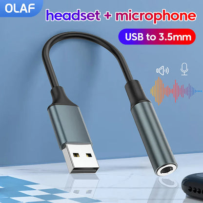 Olaf usb to 3.5mm audio jack adapter with metallic connectors and black cable for headset microphone usb and external stereo sound