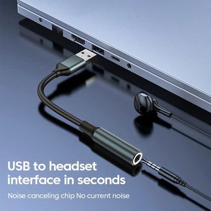 Black olaf usb to 3.5mm audio jack adapter with metallic finish and noise-canceling chip for external stereo sound and headset microphone usb use