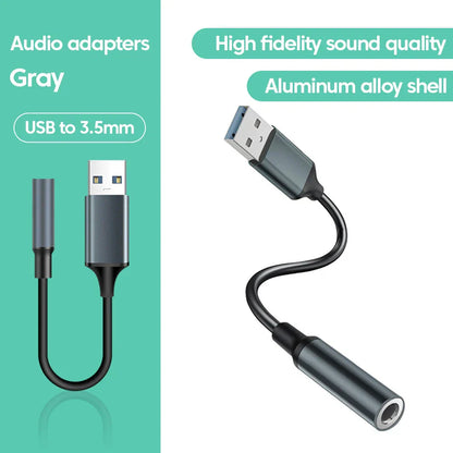 Gray Olaf usb to 3.5mm audio jack adapter with aluminum alloy shell and black cable for headset microphone usb and external stereo sound