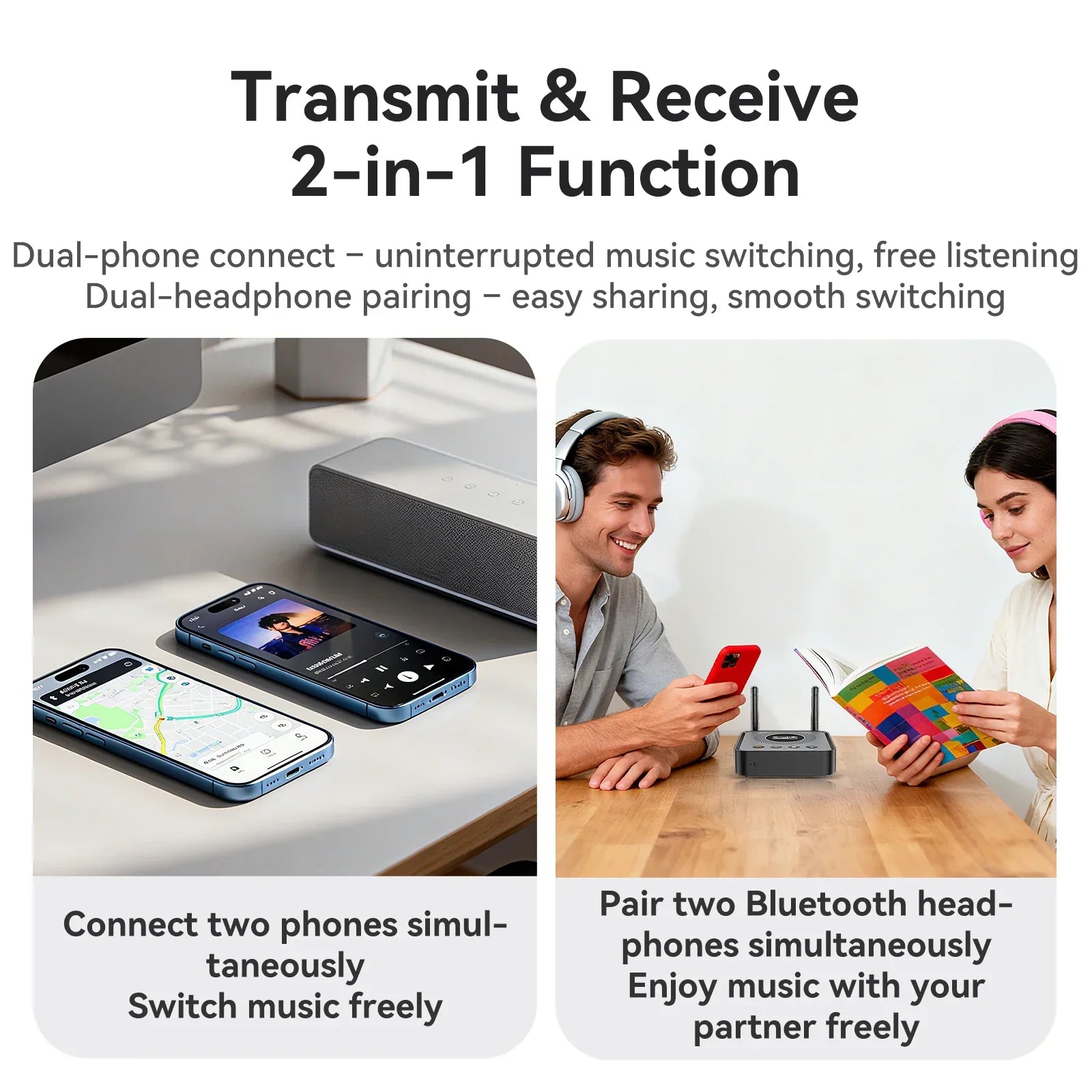 Black OLCD Bluetooth 6.0 audio receiver with dual-phone and dual-headphone pairing and 5mm aux optical wireless connectivity