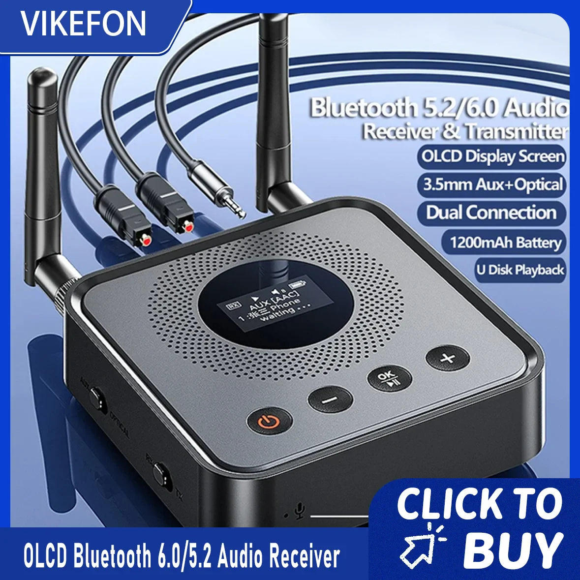 Black vikefon bluetooth 6.0 audio receiver with oled display dual antennas aux optical wireless and music u disk player ports