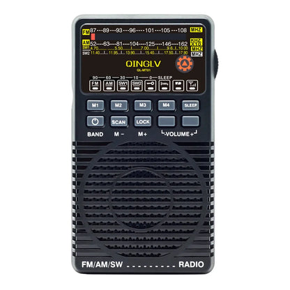 Black qinglvql-mt01 old-fashioned mechanical fm radio with portable design and digital display showing fm am sw bands