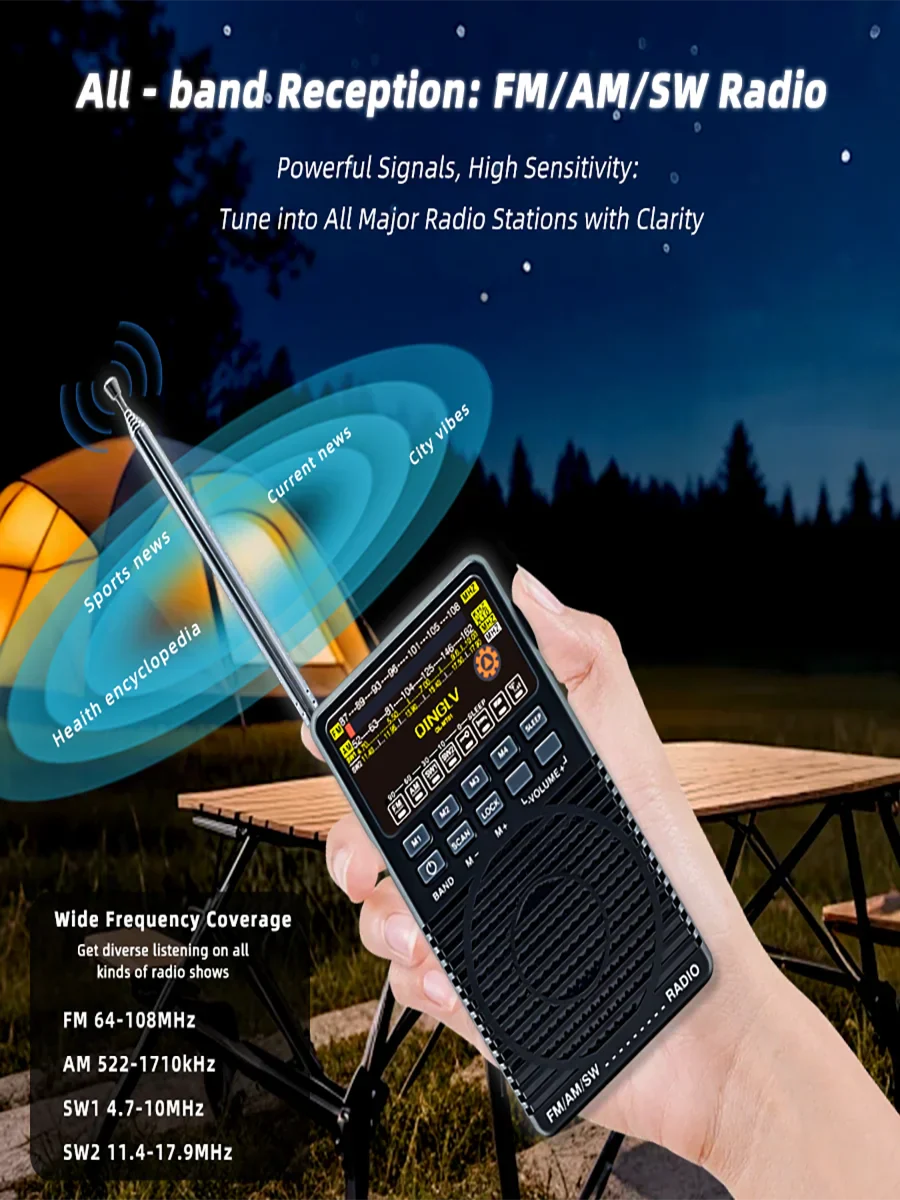 Black old-fashioned mechanical fm radio with portable design, precise tuning, telescopic antenna, and illuminated display