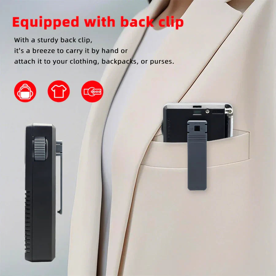 Black plastic back clip of old-fashioned mechanical fm radio with portable design for secure smartphone attachment