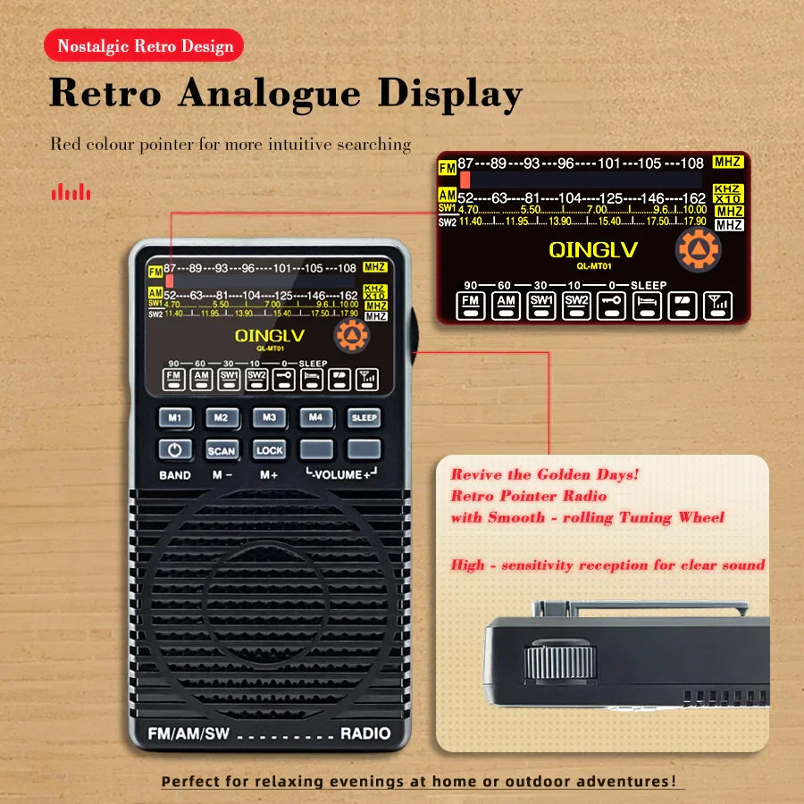 Black Qinglv GL-MT01 old-fashioned mechanical FM radio with portable design and smooth rolling tuning wheel with red pointer