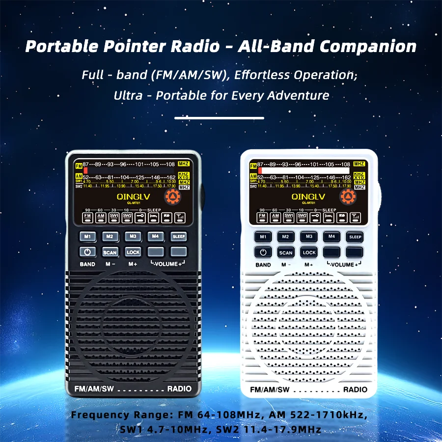 Black and white old-fashioned mechanical fm radio with portable design digital display and precise tuning controls