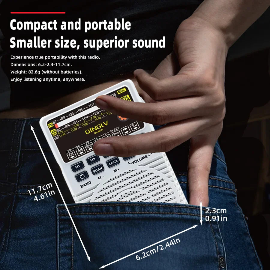 White qinglv old-fashioned mechanical fm radio with black buttons and digital display featuring portable design
