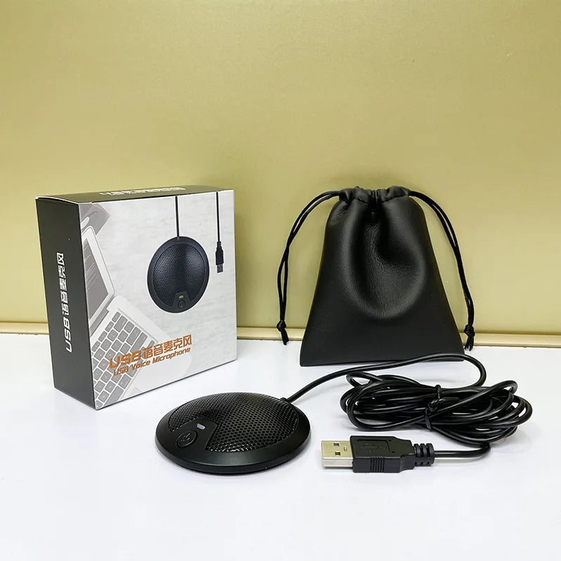 Black omnidirectional usb voice microphone with circular mesh grille and short cable for laptop youtube recording conference streaming meeting