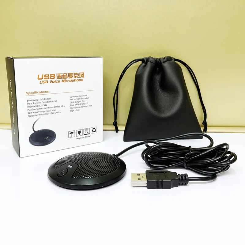 Black omnidirectional usb voice microphone with circular mesh grille and side buttons for laptop youtube recording conference streaming meeting
