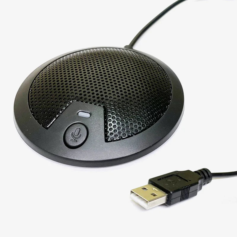 Black USB voice microphone with perforated grille and circular mic button for laptop YouTube recording and conference streaming meeting