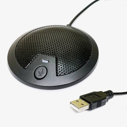 Black USB voice microphone with perforated grille and circular mic button for laptop YouTube recording and conference streaming meeting