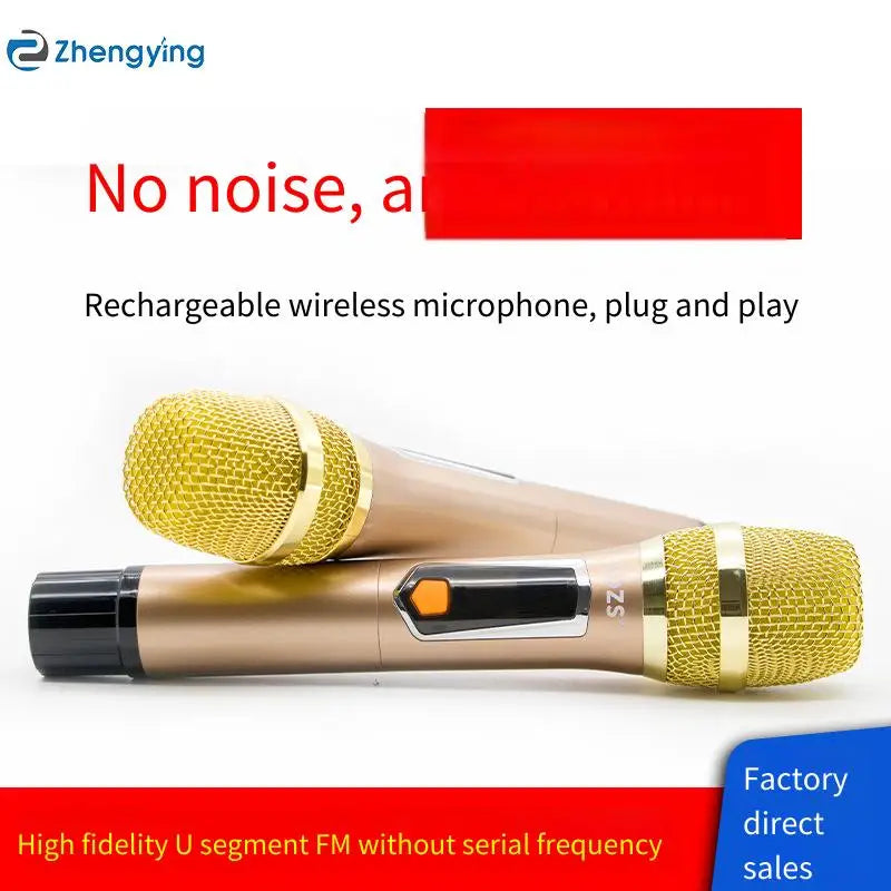 Gold-colored rechargeable wireless microphone u-segment with mesh grille and black button for karaoke stage speeches and wedding performance hip hop
