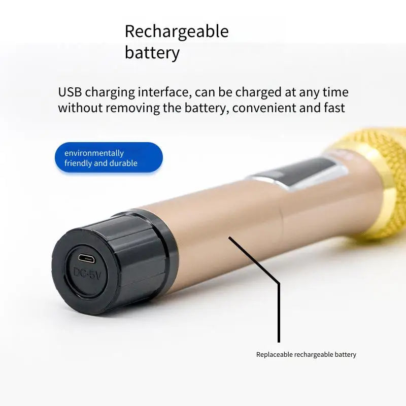 Gold-colored wireless microphone u-segment with textured grille and usb-c port for karaoke stage speeches and wedding performance hip