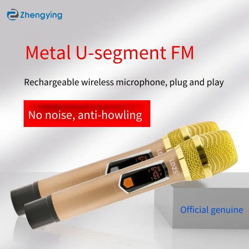 Gold-colored metal wireless microphone u-segment with mesh grille and digital display for karaoke stage speeches wedding performance hip hop