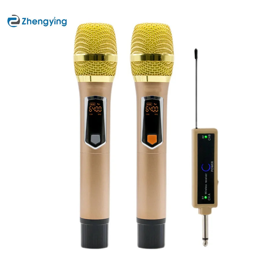 Gold-colored wireless microphone u-segment set with mesh grilles and digital displays for karaoke stage speeches and wedding performance hip hop