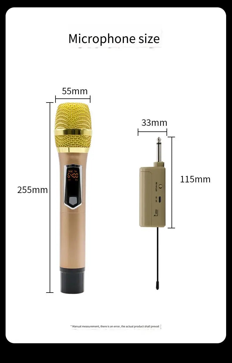 Gold-colored wireless microphone u-segment with yellow mesh grille and black base with matching receiver for karaoke stage speeches and wedding performance hip hop