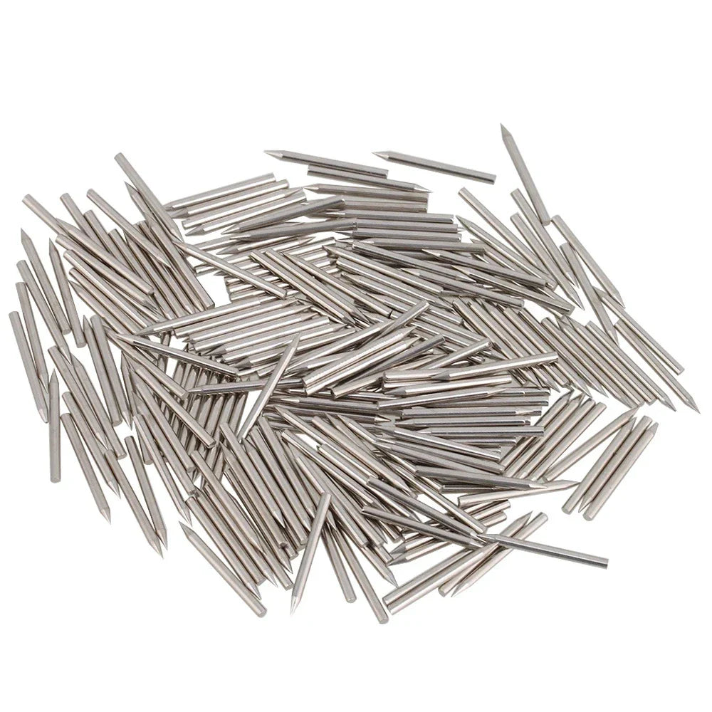 A pile of silver stainless steel cnc router bits with sharp tips for piano repair action center pins replacement